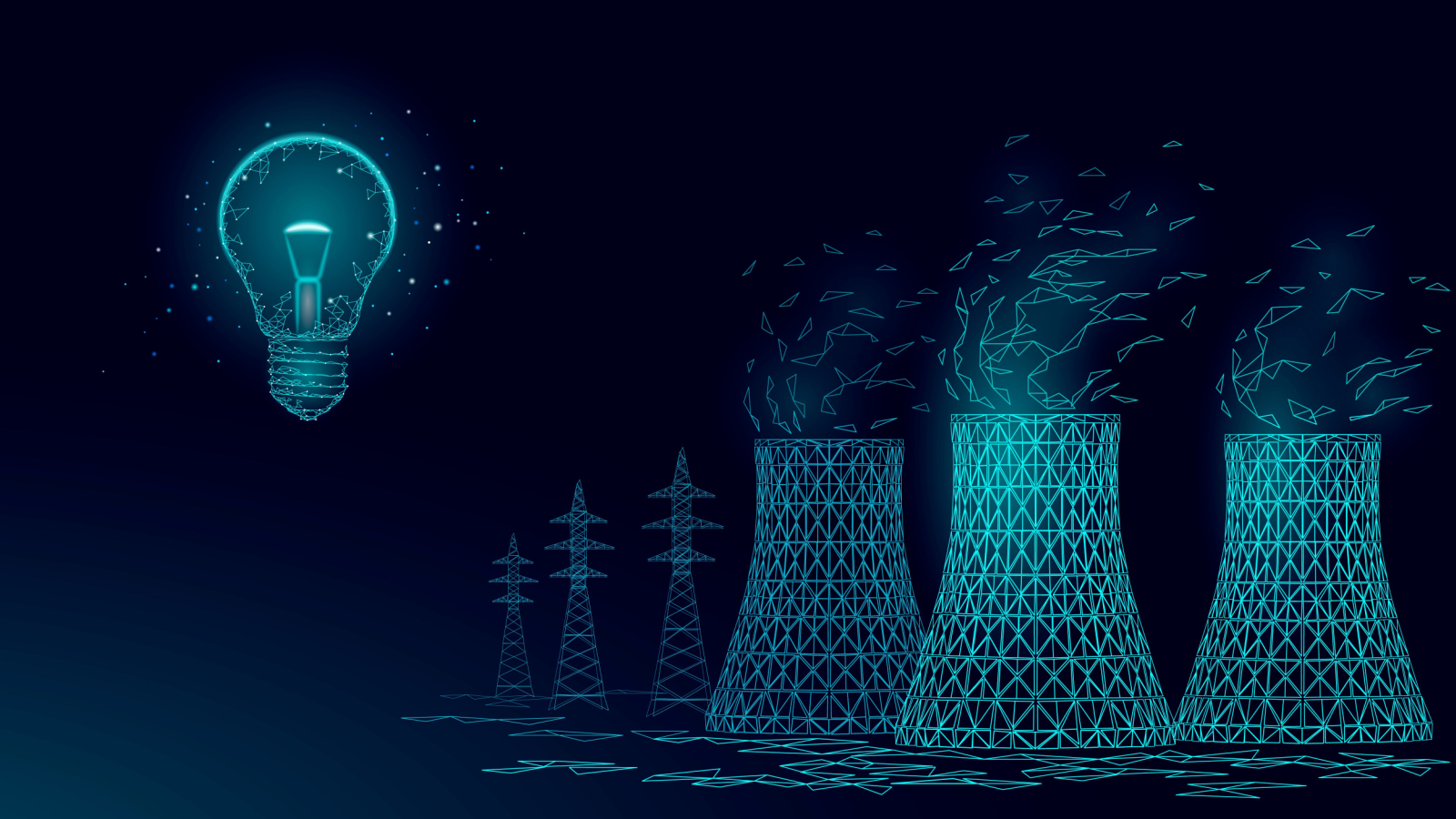 A vector image of nuclear power reactors, power lines and a lightbulb