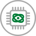 Icon depicting an atom and a computer chip