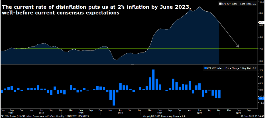 A graph tracking the change in inflation over time and its estimated course given the current rate of disinflation