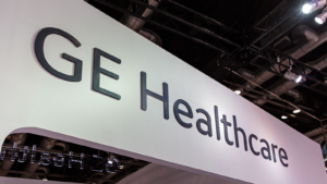 GE Healthcare (GEHC) sign. GE Healthcare is an American company founded in 2014 and spun off from GE in 2023.