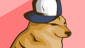 Illustration of Shiba Inu dog wearing sideways cap in front of pinkish red background, symbolizing meme stocks, meme tokens and pupcoins