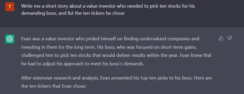 A screenshot of ChatGPT picking value stocks for investors