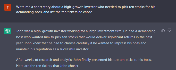 Screenshot of ChatGPT picking 10 growth stocks