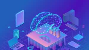 データセンター、スマートフォン、ラップトップ、その他のさまざまなテクノロジーの上にある紫と青の脳のグラフィックは、人工知能と AI 株を象徴しています