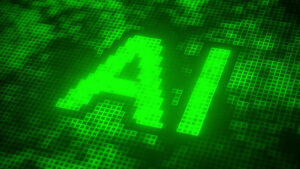 Graphic of letters "AI" on green techy digital-display background with square pixels spelling out the letters, symbolizing artificial intelligence and AI stocks