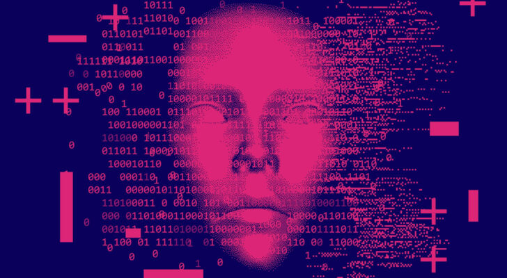 Graphic of front profile of artificial face in pinkish-red hue with binary code and symbols surrounding it, symbolizing artificial intelligence and AI stocks