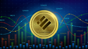 Binance USD (BUSD) coin cryptocurrency blockchain. Future digital currency replacement technology alternative currency, Silver golden stock chart number up down is background. 3D Vector illustration.