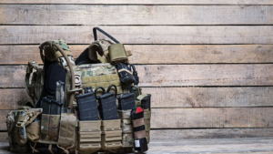 Military body armor,ammunition and ammo,radio and first aid tourniquet.On wooden table/Army bulletproof vest, defense stocks