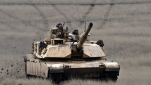 US tank General Dynamics (GD) Abrams M1A1 in military polygon in the exercise Platinum Lynx 16 on Galati, Romania, 11 December 2015