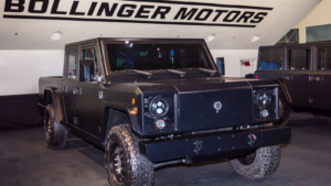 A 2021 Bollinger Motors B2 truck at the Los Angeles Auto Show. Bollinger Motor is owned by Mullen Auto (MULN).