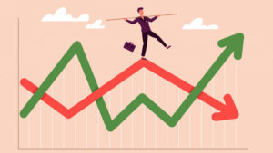 Graphic of man balancing on green and red volatile arrows on stock graph with beige background. crypto vs stock investment comparison. Beaten-Down Stocks