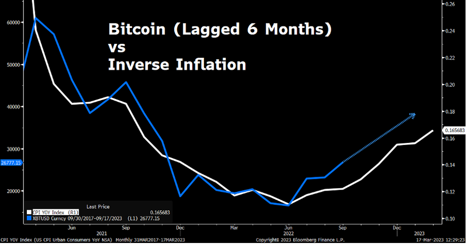 Chart showing bitcoin's lagging 6 month price compared with the inverse of inflation