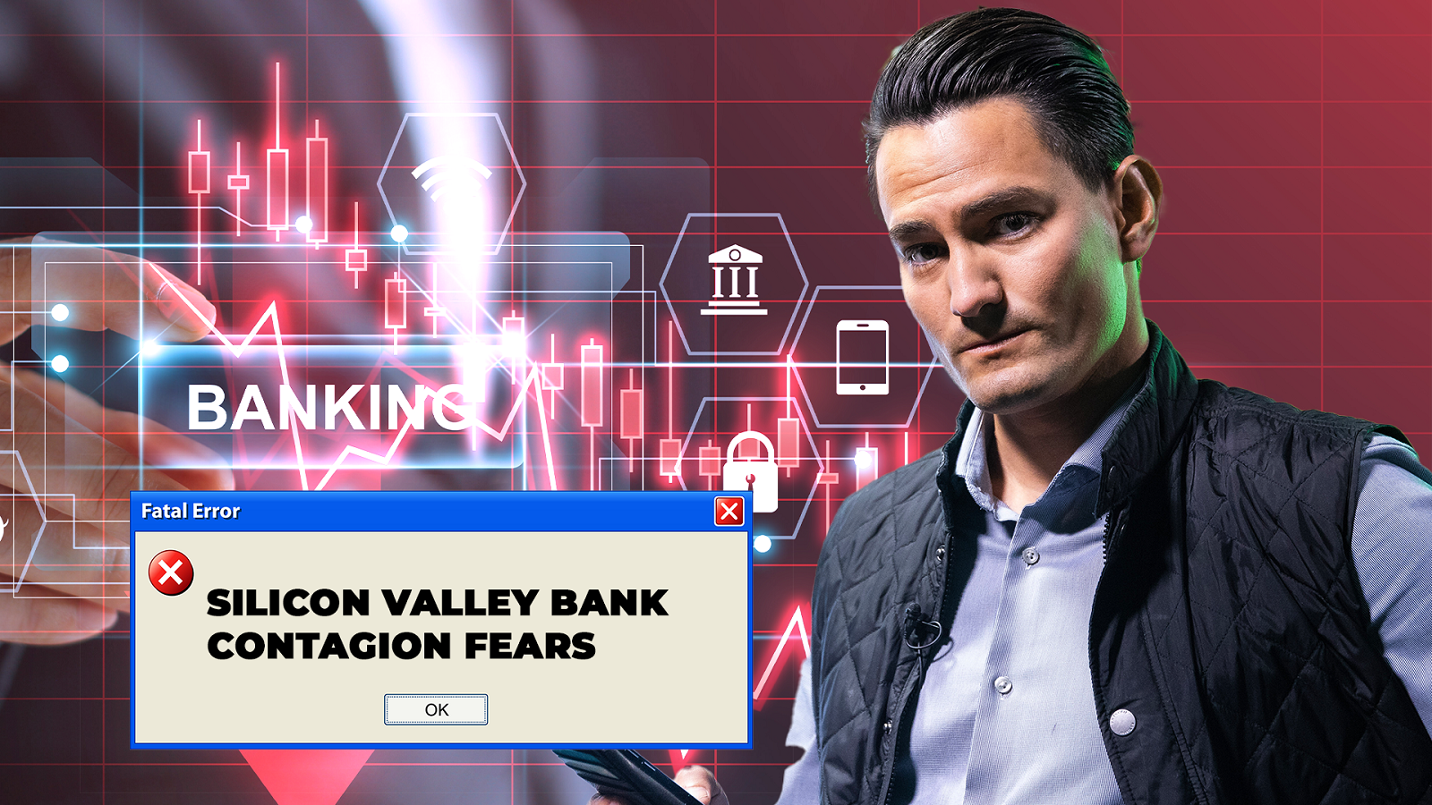 An image of Luke with a falling graph behind him, a computer error message that says, Silicon Valley Bank Contagion Fears