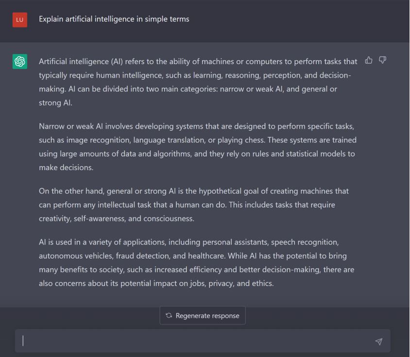 AI generated text that explains what AI is.