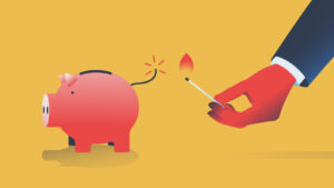 Graphic of red piggy bank with a bomb fuse as a tail about to be lit by a hand holding a match on fire. Yellow background. bank stocks to sell