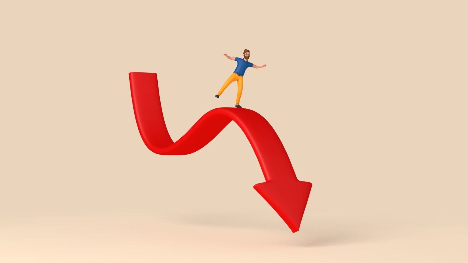 Graphic of little man in yellow pants and blue shirt balancing on a curvy downward arrow representing stocks to sell. stocks to avoid in august