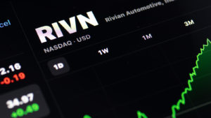 The Rivian Automotive, Inc, RIVN, on the New York Stock Exchange (NYSE) is seen on a screen, viewing the stock price for the electric vehicle manufacturer.