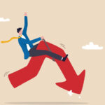 Graphic of man riding a downward stock arrow that is bucking like a horse, representing stocks to sell now