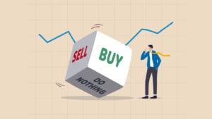 Graphic of large die that says "sell," "buy" and "do nothing" on the three sides shown with investor character to the side thinking. Beige graph background with blue line near top.