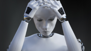 3D rendering of a female robot looking very sad. Dark background. AI stocks are down. AI Stocks. doomed AI Stocks