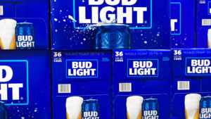 Bud Light Beer 36 pack beer cans display at grocery store.