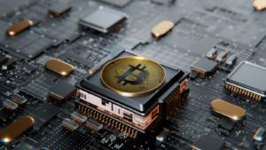 Bitcoin over a microprocessor in a motherboard. With copy space and selective focusing. 3d render banner illustration. Concept for crypto currency, mining, technology, investment, finance, crypto mining stocks