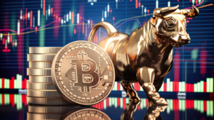 Bitcoin coin with bull and stock chart. Bullish market of BTC-USD. Cryptos to buy.