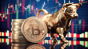 Bitcoin coin with bull and stock chart. Bullish market of BTC-USD. rising meme cryptos Cryptos to Buy. Top Cryptos for Growth