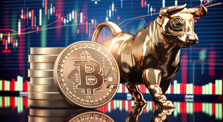 Bitcoin coin with bull and stock chart. Bullish market of BTC-USD. rising meme cryptos