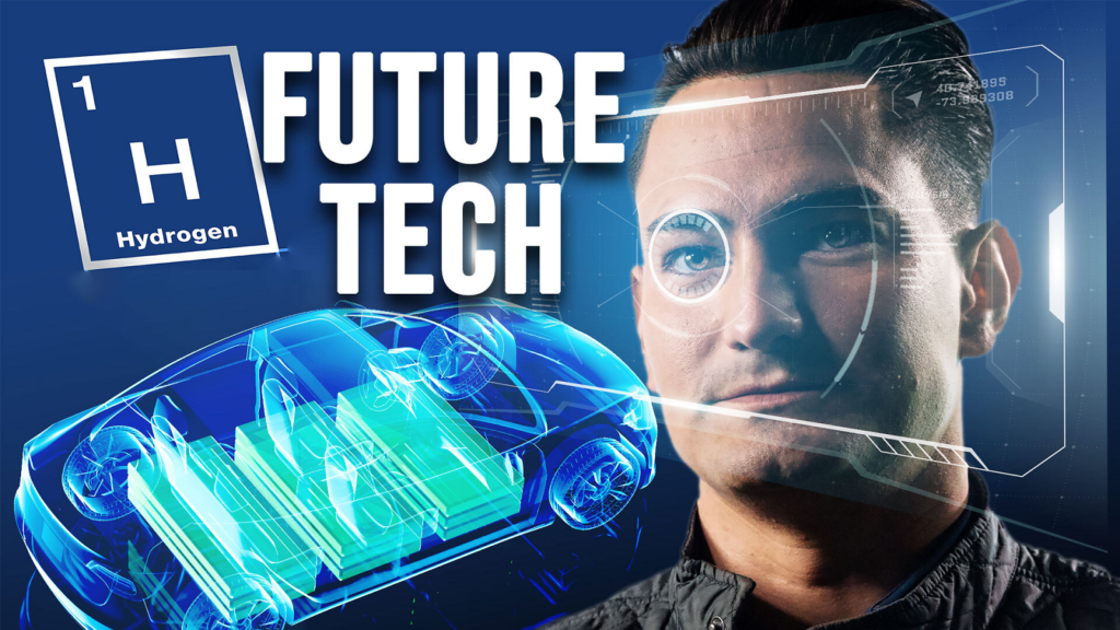 An image with a periodic table sign for hydrogren, the text "FUTURE TECH" in white, a mans face with a futuristic white graphic hovering over his eye, and a futuristic blueprint for a car over a blue background.