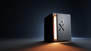 Golden light shining from crack of door on black safe with black background, representing bank stocks