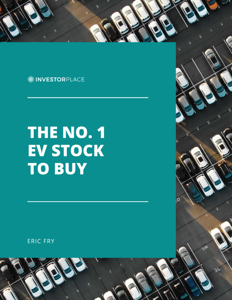 An article cover image with the InvestorPlace logo and the title "The No. 1 EV Stock to Buy" by Eric Fry on a teal backdrop with an aerial parking lot shot in the background.