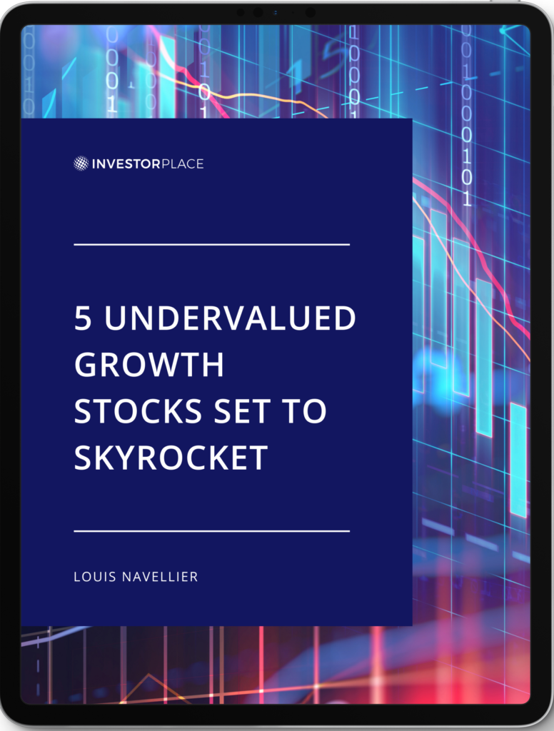 An image of a tablet showing a cover image for an article titled "5 Undervalued Growth Stocks Set to Skyrocket" by Louis Navellier and the InvestorPlace logo on a purple backdrop, with futuristic green and red stock charts in the background.