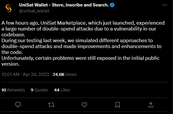 UniSat Wallet tweet on double-spend scam, May 2 2023