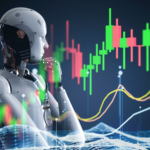 Financial technology concept with 3d rendering robot analyze stock market big data. AI tech stock predictions. top-rated ai stocks