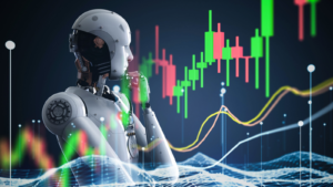 Financial technology concept with 3d rendering robot analyze stock market big data. AI stocks.