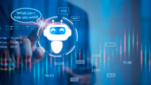 Chatbot conversation AI, Artificial Intelligence technology online customer service. Digital chatbot, robot application, OpenAI generate. financial investment stock market. Virtual assistant on internet. AI stocks.