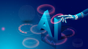 Illustration of robot hand reaching for the letters "AI" with tech symbols around it. AI tech stock predictions