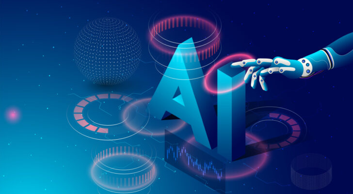 Illustration of robot hand reaching for the letters "AI" with tech symbols around it. AI tech stock predictions. best artificial intelligence stocks. tech stocks. AI stocks. stocks to benefit from AI growth. AI Stocks