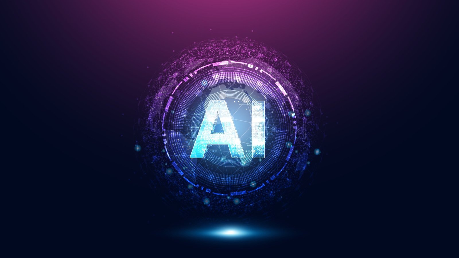 Graphic of letters "AI" in bold font surrounded by circle of tech symbols in purple and blue against a dark background. ai stocks to buy