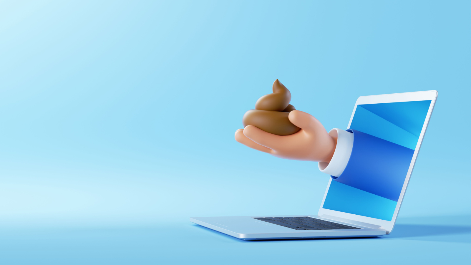 Illustration of hand and arm in blue suit reaching out of a laptop screen holding a cartoon piece of poo resembling an emoji