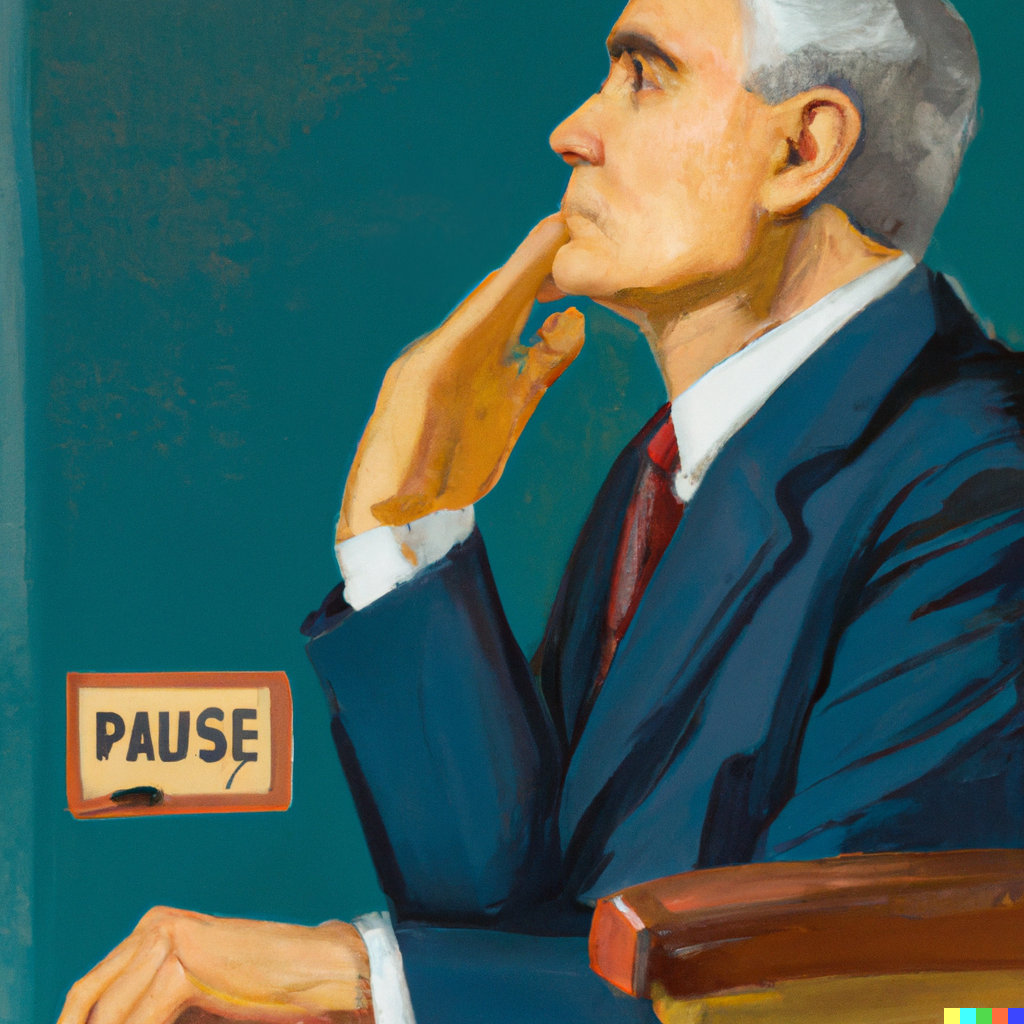 An oil painting of Federal Reserve Chairman Jerome Powell pressing a button that says 'pause'