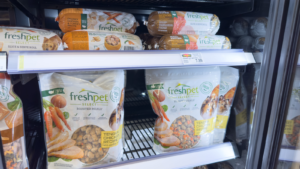 A view of several packages of FreshPet (FRPT) pet food, on display at a local grocery store.