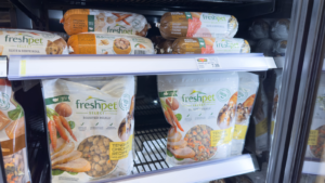 A view of several packages of FreshPet (FRPT) pet food on display at a local grocery store.