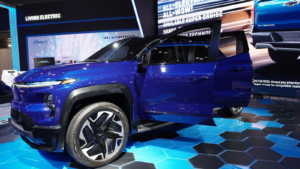 2024 Chevrolet Silverado electric pickup truck at the New York Auto Show. GM stock.