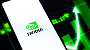 A stock image of the Nvidia (NVDA) logo on a phone screen.