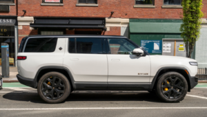 A Rivian Automotive (RIVN) R1S sport utility vehicle is parked in the Meatpacking District in New York