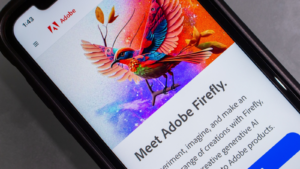 Website of Adobe (ADBE) Firefly seen in an iPhone. In Mar 2023 Adobe announced the beta launch of its new generative AI model Firefly.