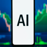 AI text on smartphone against background of green stock chart. Profit growth, share price, business success, investment and trading in artificial intelligence concept. AI stocks to buy