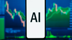 AI text on smartphone against background of green stock chart. Profit growth, share price, business success, investment and trading in artificial intelligence concept. AI stocks to buy